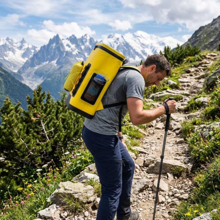 insulated cooler backpack worn on a hiking trail with padded straps and breathable back panel