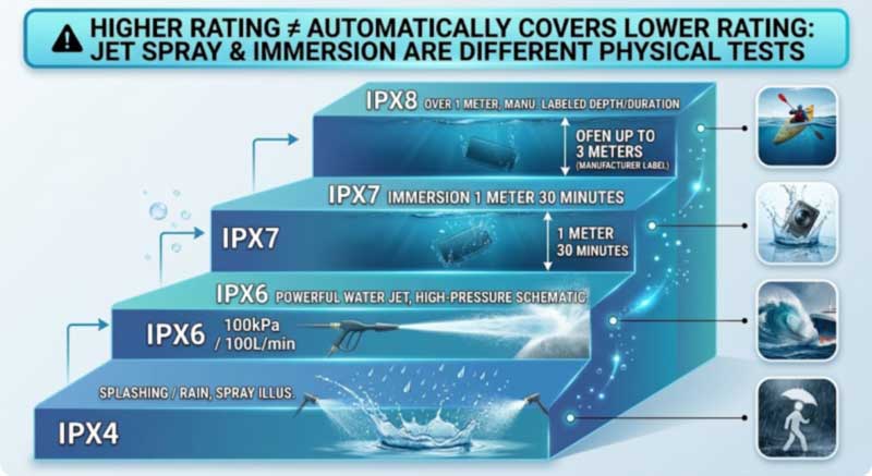 IPX rating ladder IPX4 to IPX8 for cooler backpacks with test parameters and matching real-world use scenarios IPX rating ladder IPX4 to IPX8 for cooler backpacks with test parameters and matching real-world use scenarios
