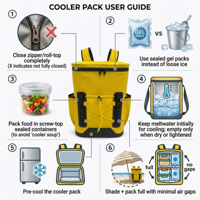 six habits to stop cooler backpack meltwater leaks: full closure, ice packs, sealed containers, keep meltwater, pre-chill, shade six habits to stop cooler backpack meltwater leaks: full closure, ice packs, sealed containers, keep meltwater, pre-chill, shade
