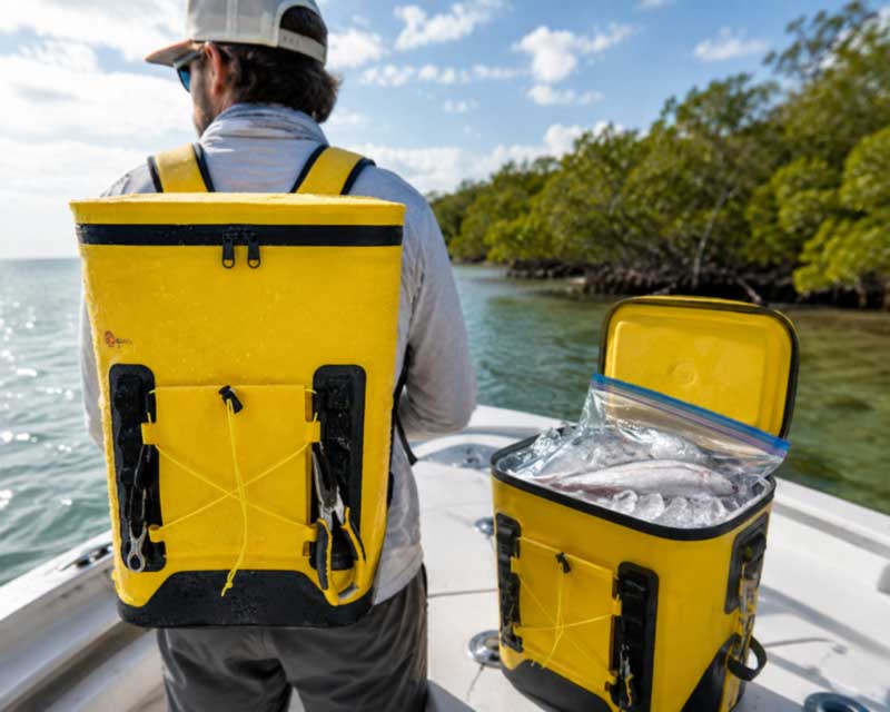 angler wearing a welded waterproof cooler backpack with crushed ice and bagged catch inside, tools on gear webbing