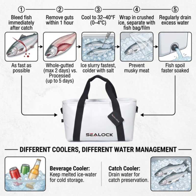 fishing catch cold chain timeline from bleeding and gutting to icing, slurry chilling and draining meltwater