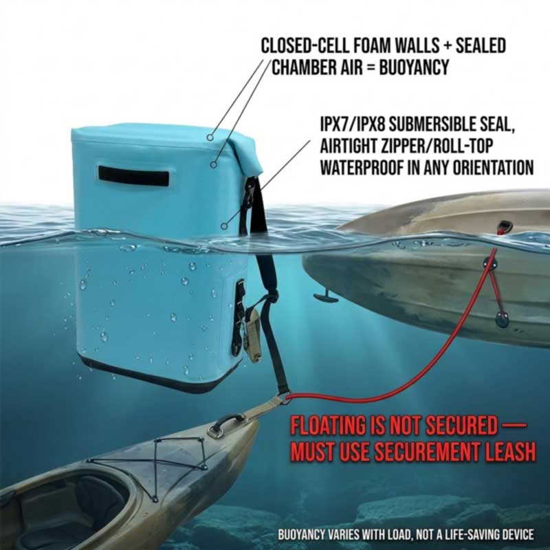 welded cooler backpack floating and still leashed to a capsized kayak, showing immersion sealing and buoyancy